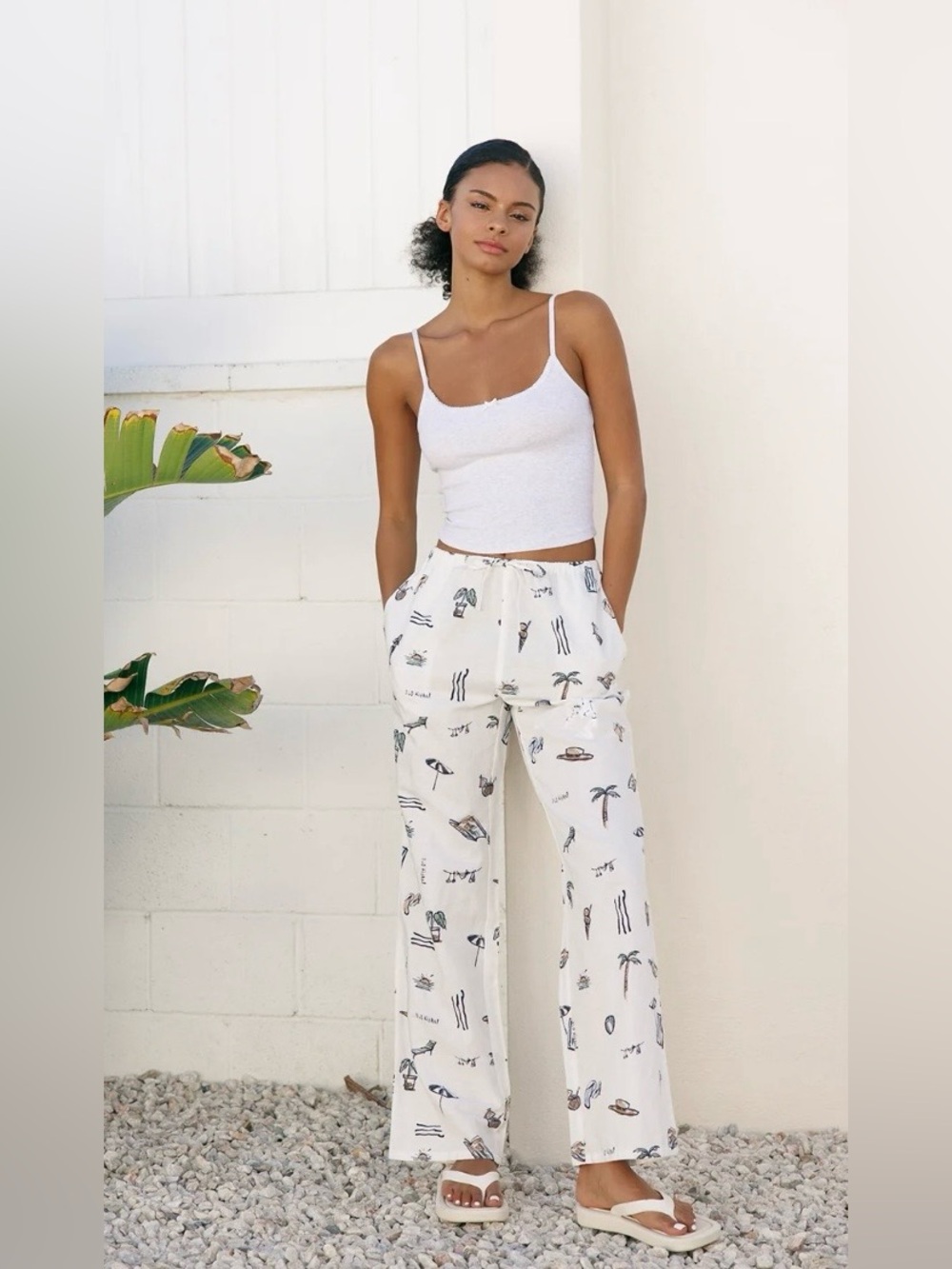 Cali 1850 White Wide-Leg Linen Blend Printed Vacation Pants Beach Coastal